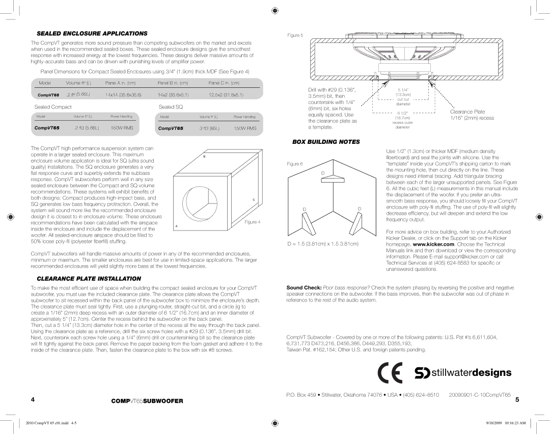 Kicker manual Sealed Enclosure Applications, BOX Building Notes, Clearance Plate Installation, 4COMPVT65SUBWOOFER 