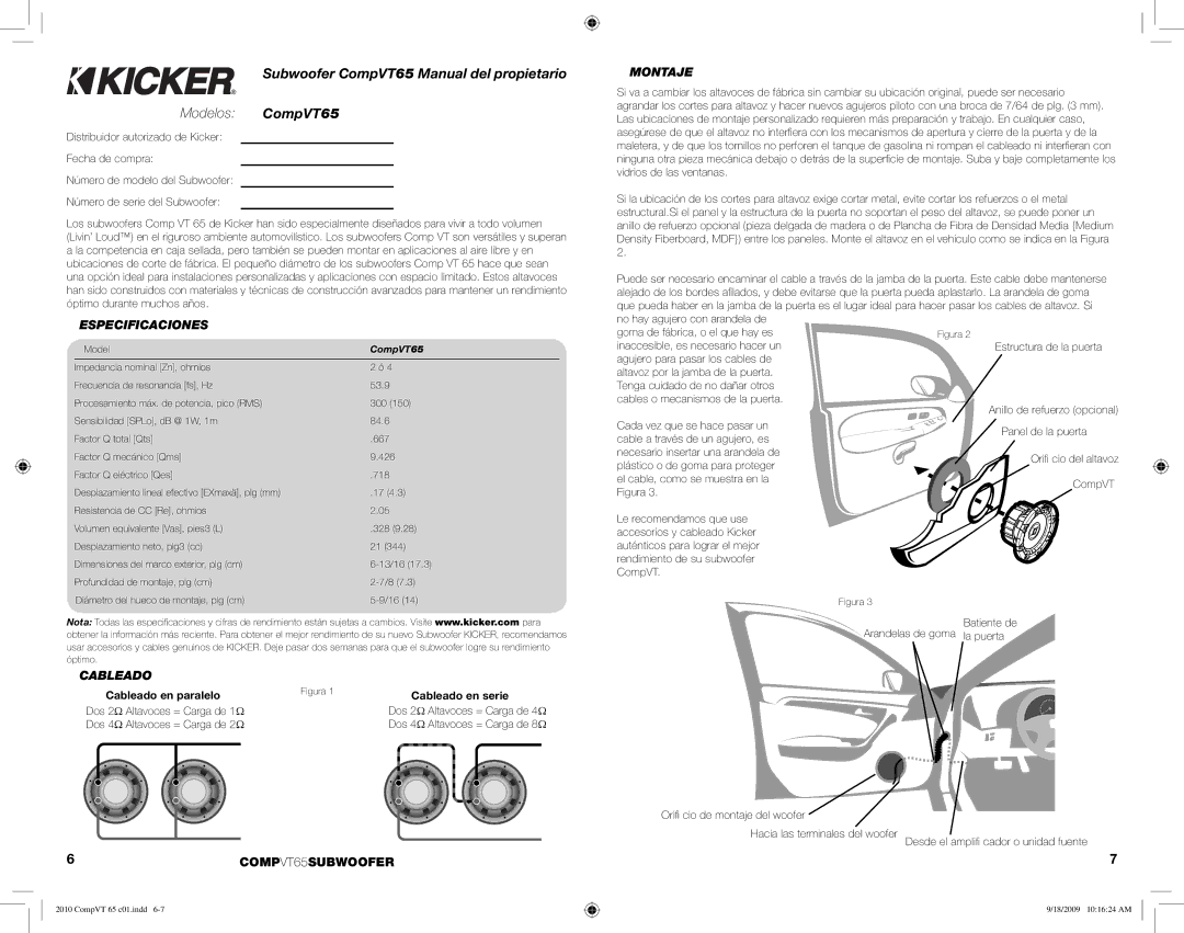 Kicker manual Modelos CompVT65, Especificaciones, Cableado, 6COMPVT65SUBWOOFER 