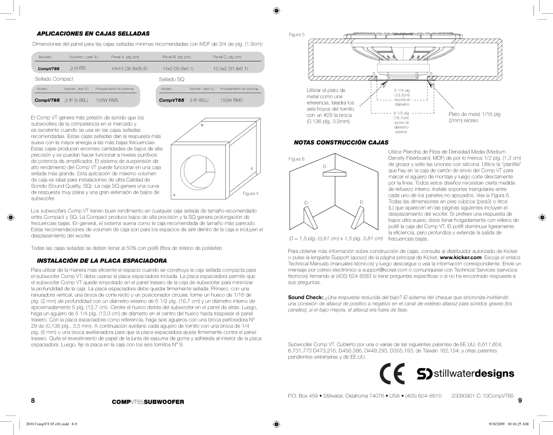 Kicker COMPVT65 manual Aplicaciones EN Cajas Selladas, Notas Construcción Cajas, Instalación DE LA Placa Espaciadora 