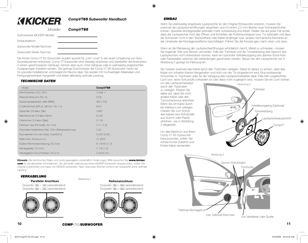 Kicker manual Modelle CompVT65, Technische Daten, Verkabelung, 10COMPVT65SUBWOOFER, Einbau 