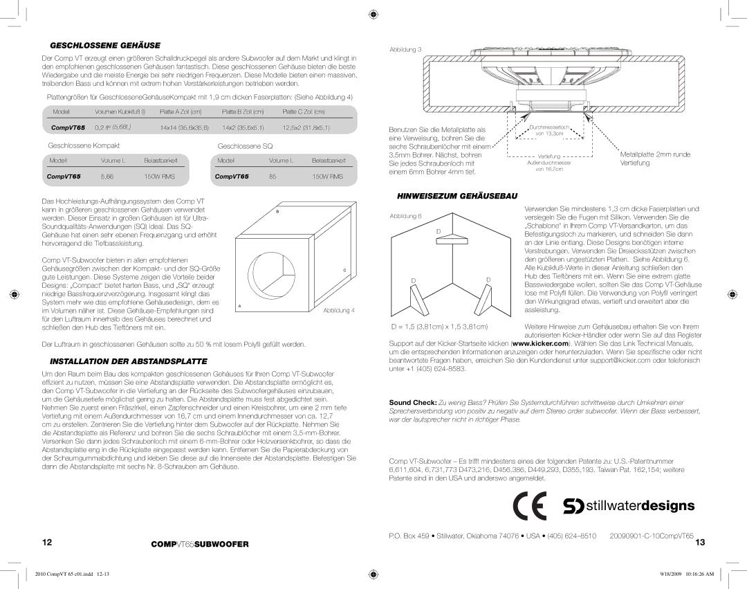 Kicker manual Geschlossene Gehäuse, Hinweisezum Gehäusebau, Installation DER Abstandsplatte, 12COMPVT65SUBWOOFER 