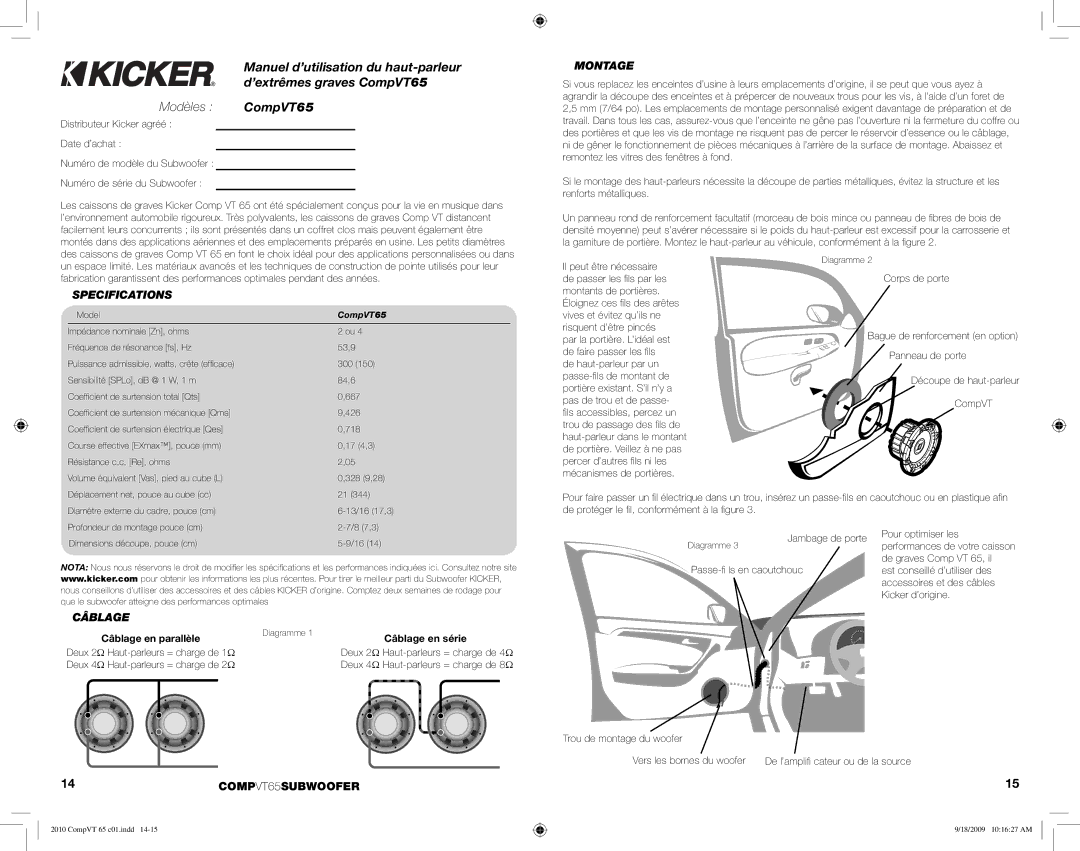 Kicker manual Modèles CompVT65, Montage, 14COMPVT65SUBWOOFER, Câblage en série 