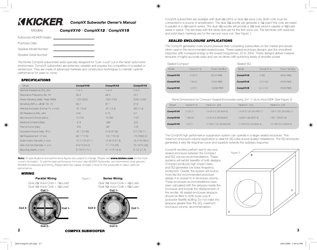 Kicker COMPVX10, COMPVX15, COMPVX12 manual Specifications, Sealed Enclosure Applications, Parallel Wiring Series Wiring 