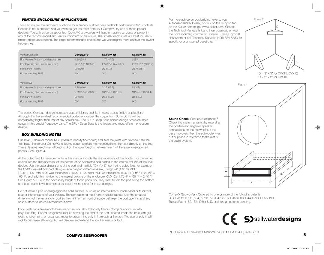 Kicker COMPVX15, COMPVX12 Vented Enclosure Applications, BOX Building Notes, Box 459 Stillwater, Oklahoma 74076 USA 405 