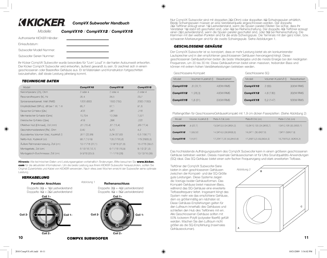 Kicker COMPVX15, COMPVX12 manual Technische Daten, Geschlossene Gehäuse, Verkabelung, Paralleler Anschluss, Reihenanschluss 