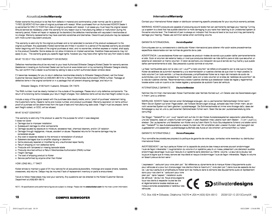 Kicker COMPVX12 manual AcousticsLimitedWarranty, Compvx Subwoofer, InternationalWarranty, VersiónEspañol, DeutscheVersion 