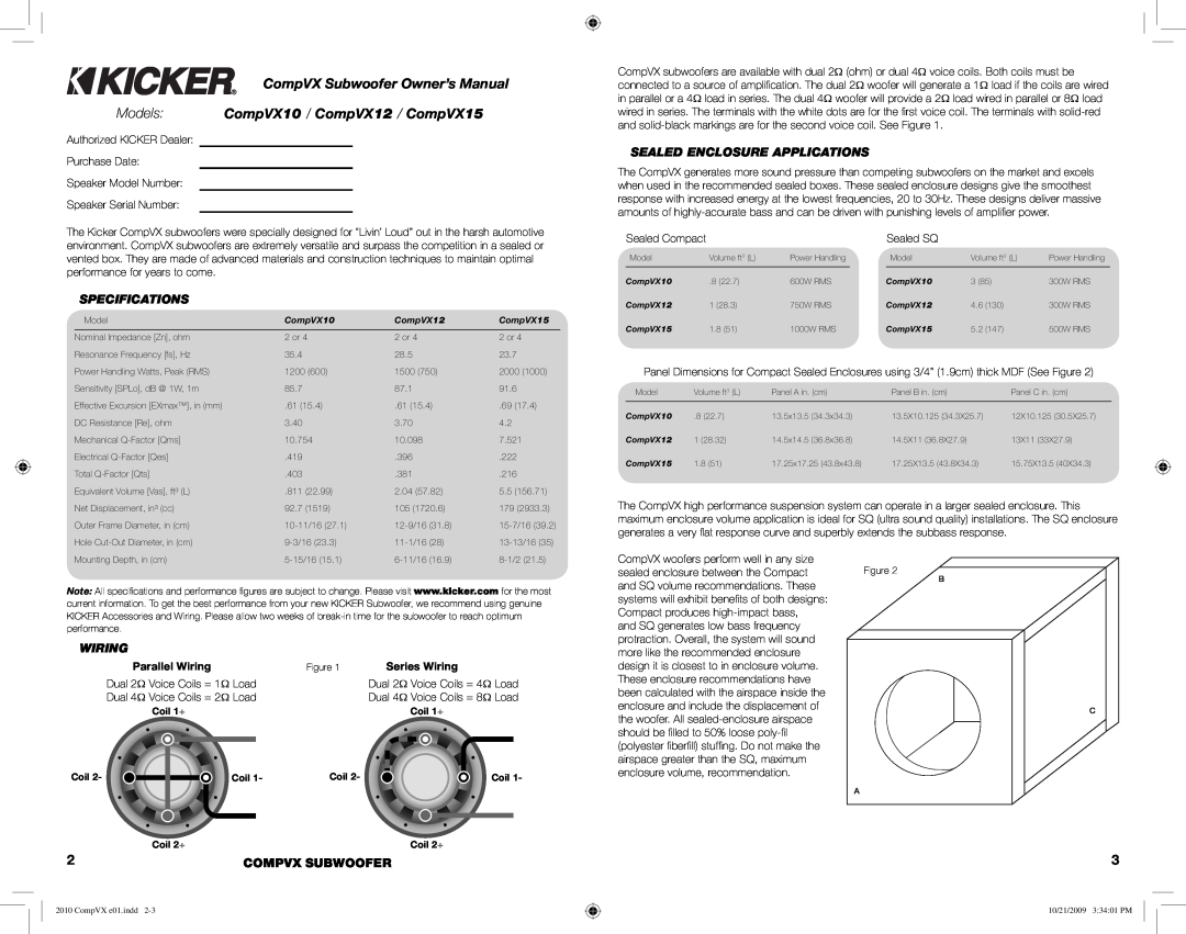 Kicker COMPVX10, COMPVX15 Models CompVX10 / CompVX12 / CompVX15, Specifications, Sealed Enclosure Applications, Wiring 