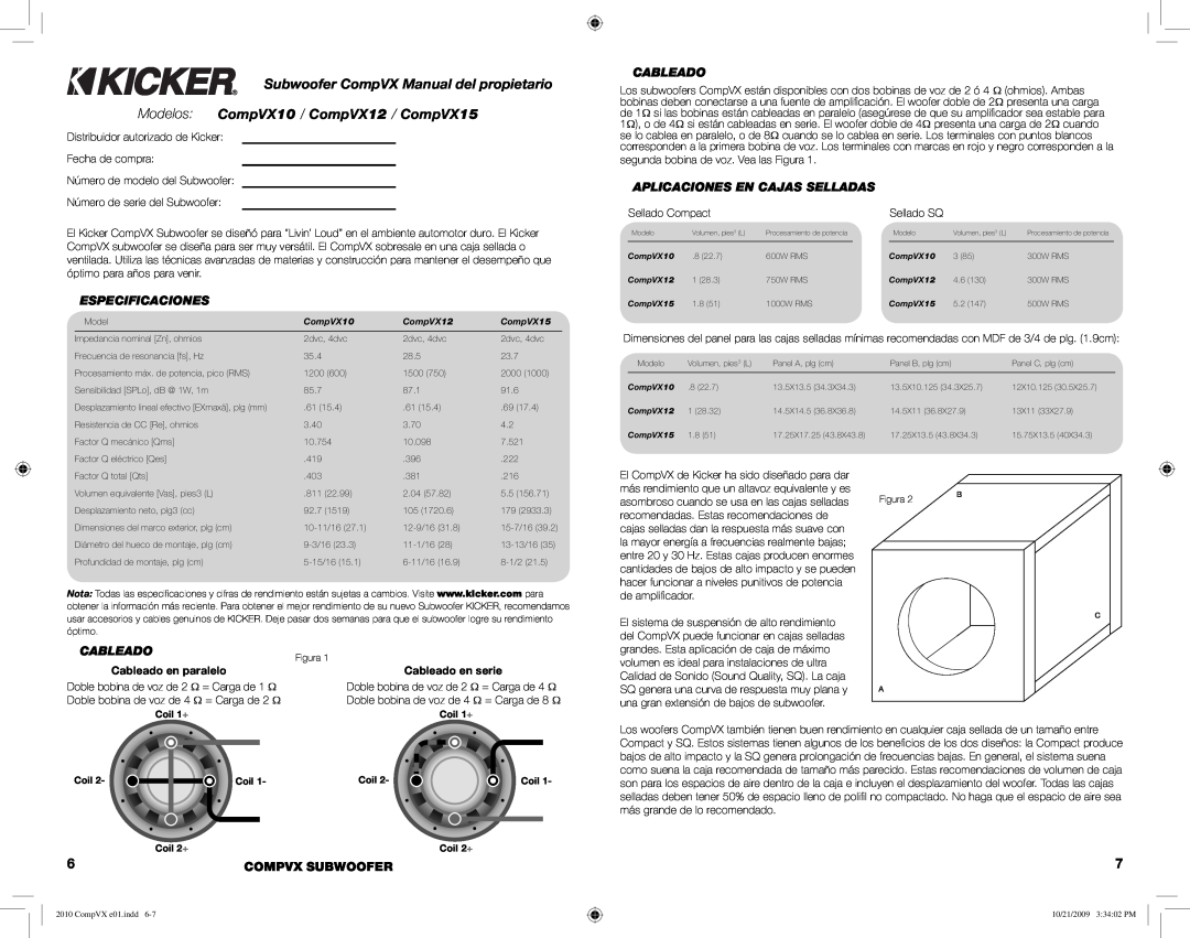 Kicker COMPVX12 manual Subwoofer CompVX Manual del propietario, Modelos CompVX10 / CompVX12 / CompVX15, Especificaciones 