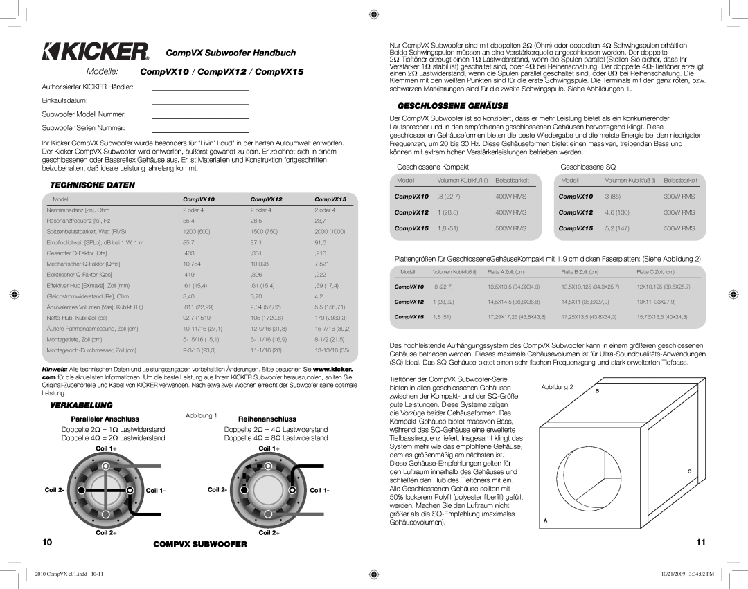 Kicker COMPVX15 CompVX Subwoofer Handbuch, Modelle CompVX10 / CompVX12 / CompVX15, Technische Daten, Geschlossene Gehäuse 