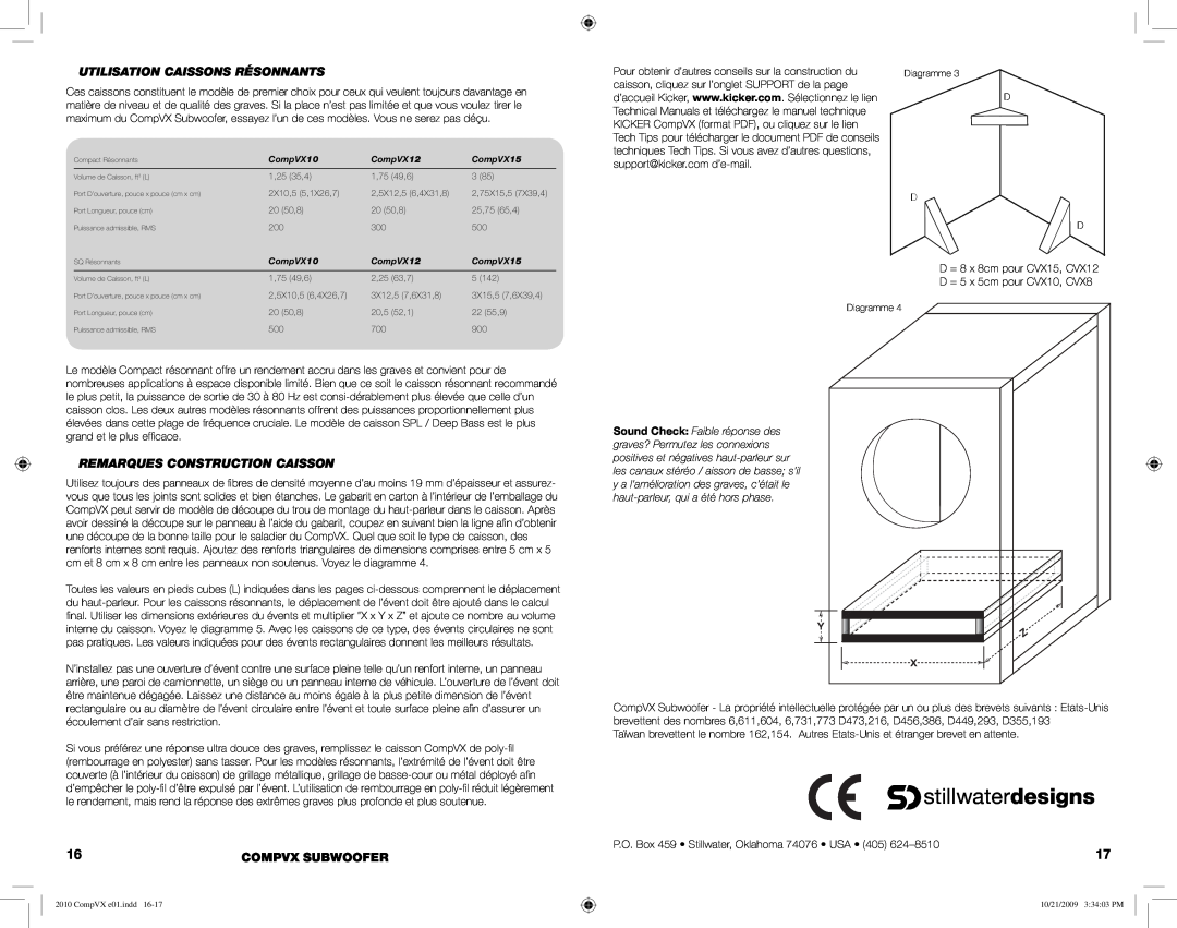 Kicker COMPVX15 manual Utilisation Caissons Résonnants, Remarques Construction Caisson, stillwaterdesigns, Compvx Subwoofer 
