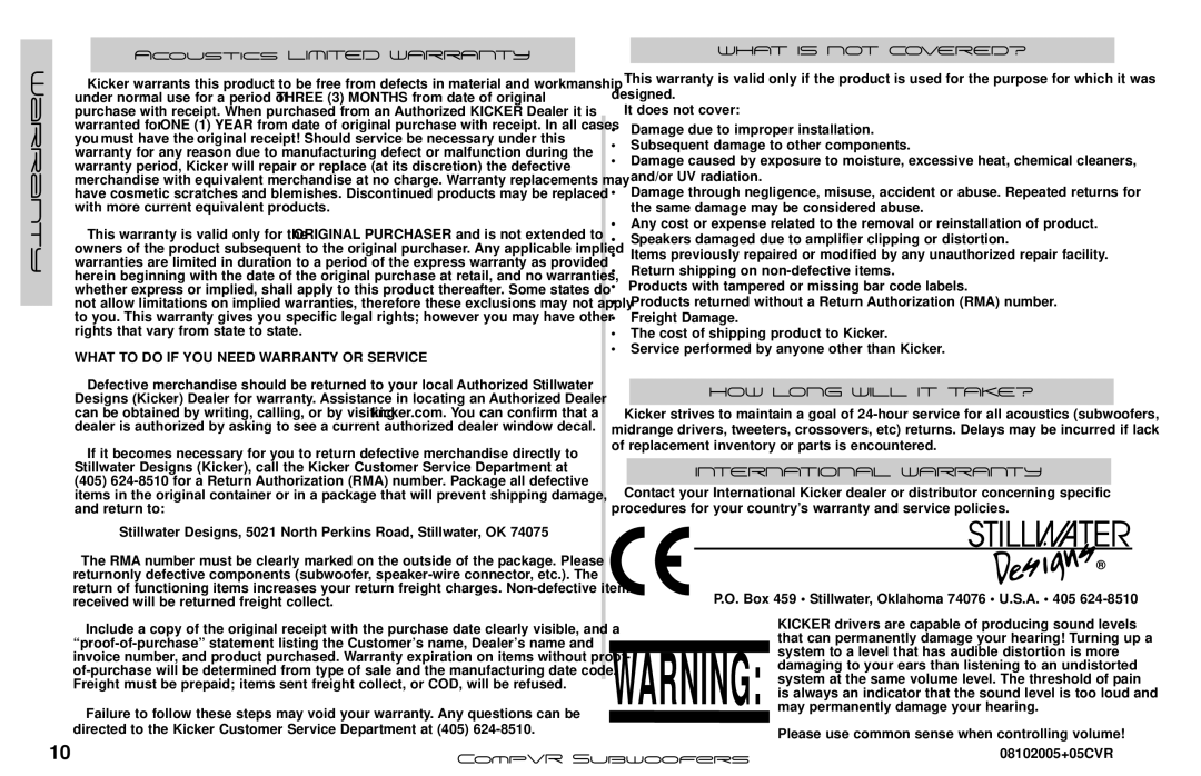 Kicker CVR8, CVR12, CVR15, CVR10 manual Warranty 