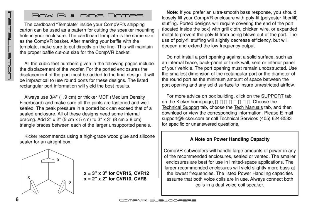 Kicker manual Box Building Notes, = 3 x 3 for CVR15, CVR12 = 2 x 2 for CVR10, CVR8 