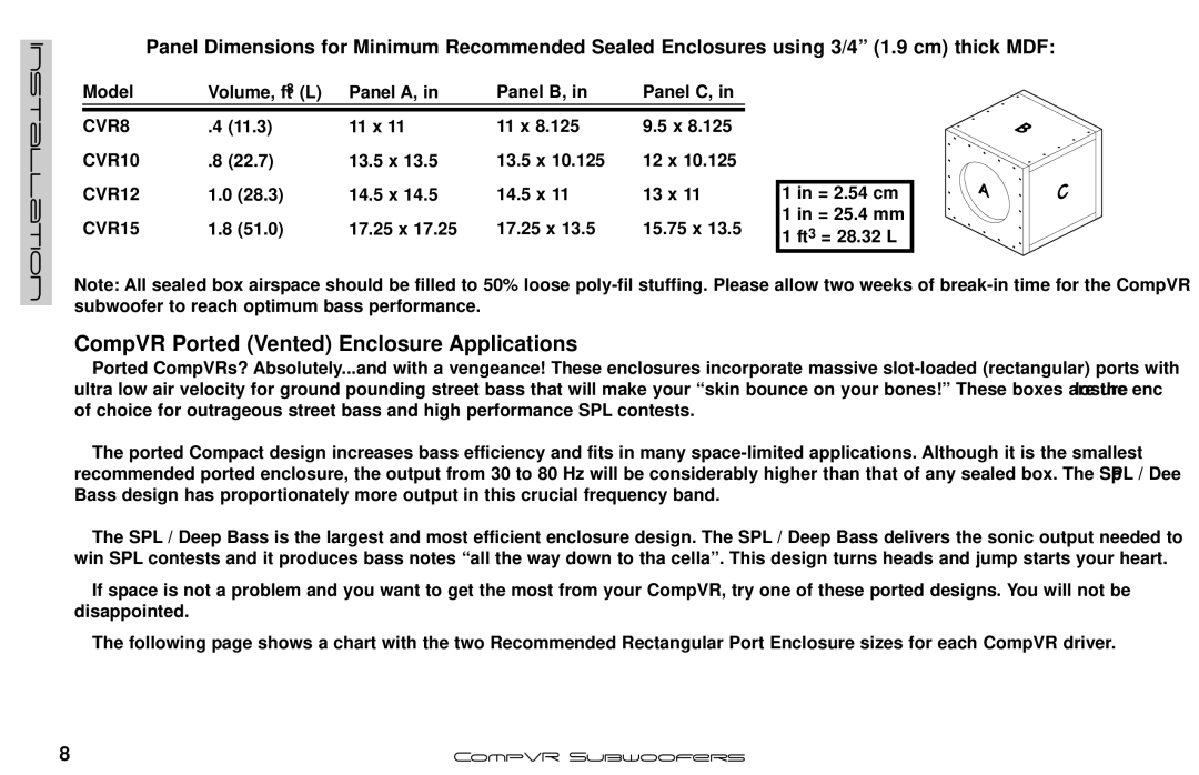 Kicker CVR12, CVR15, CVR8, CVR10 manual CompVR Ported Vented Enclosure Applications 