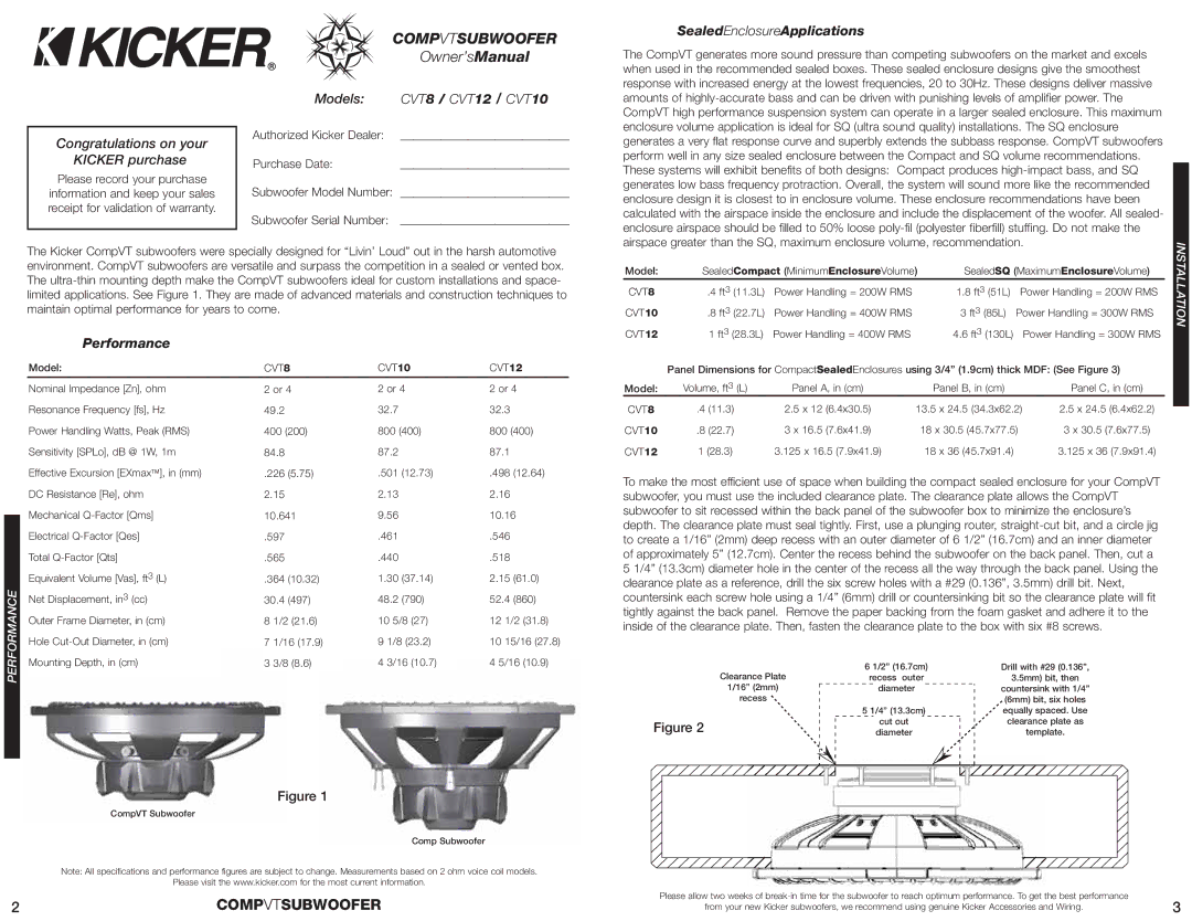 Kicker manual Comp Vtsubwoofer, Congratulations on your Kicker purchase, Models CVT8 / CVT12 / CVT10, CVT8 CVT10 CVT12 