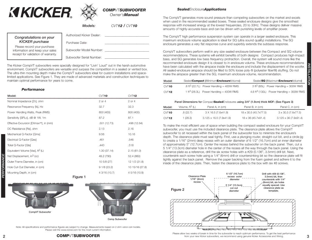 Kicker manual Comp Vtsubwoofer, Congratulations on your Kicker purchase, Models CVT12 / CVT10 