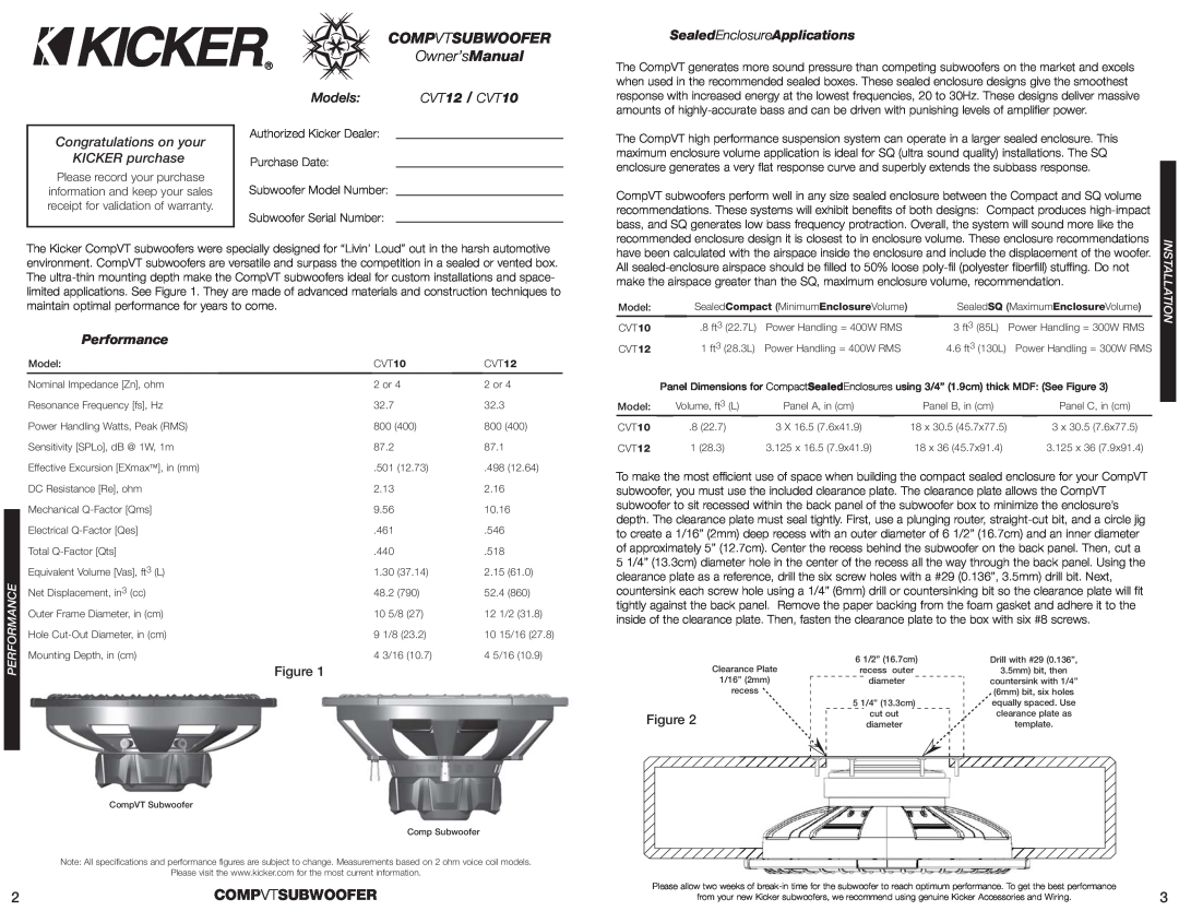 Kicker Compvtsubwoofer, Congratulations on your KICKER purchase, Models, CVT12 / CVT10, Owner’sManual, Performance 