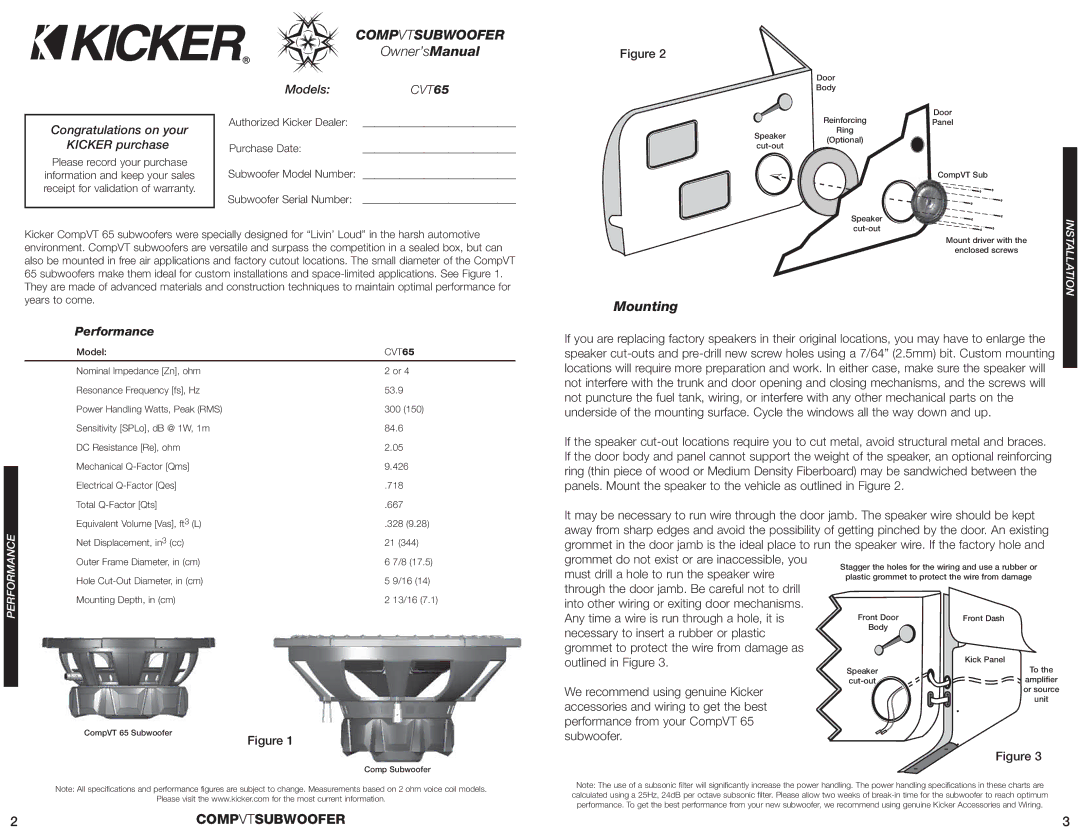 Kicker CVT65 manual Congratulations on your Kicker purchase, Models, Performance 