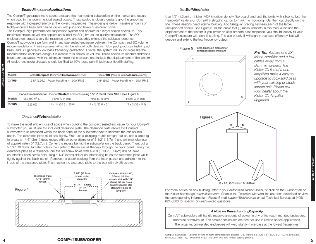 Kicker CVT65 manual SealedEnclosureApplications, BoxBuildingNotes, ClearancePlateInstallation 