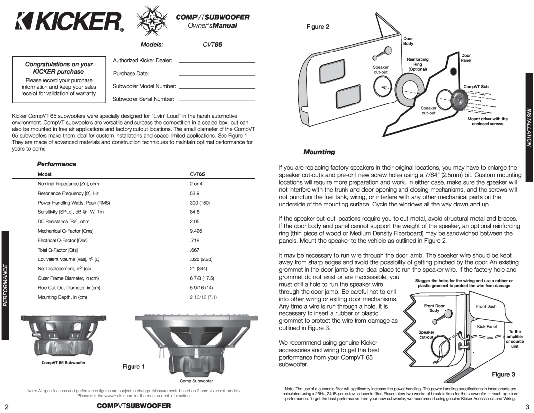 Kicker CVT65 manual Compvtsubwoofer, Congratulations on your KICKER purchase, Models, Performance, Owner’sManual, Mounting 