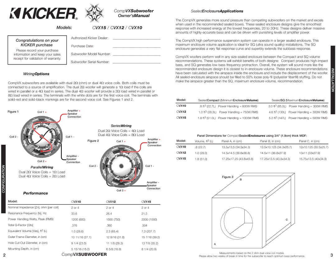 Kicker CVX15 manual SealedEnclosureApplications, Congratulations on your Kicker purchase, Please record your purchase 