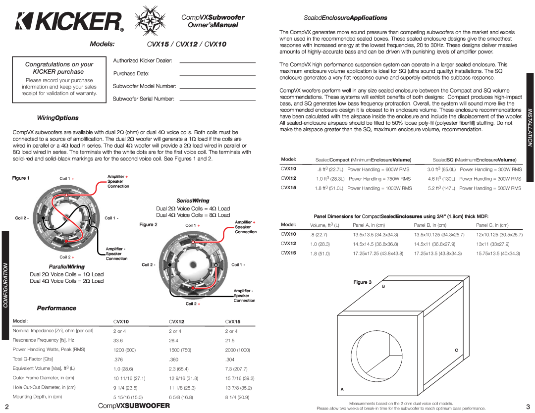 Kicker CVX15 manual SealedEnclosureApplications, Congratulations on your KICKER purchase, CompVXSubwoofer, CompVXSUBWOOFER 