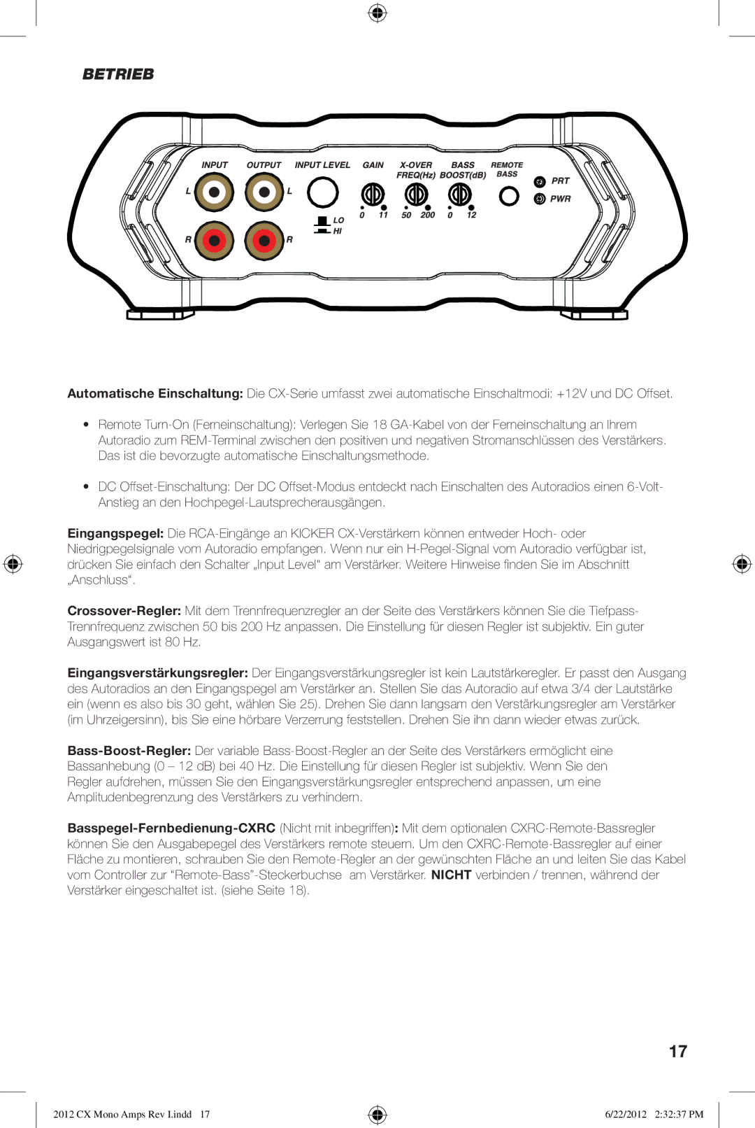 Kicker CX600.1, CX1200.1 owner manual Betrieb 