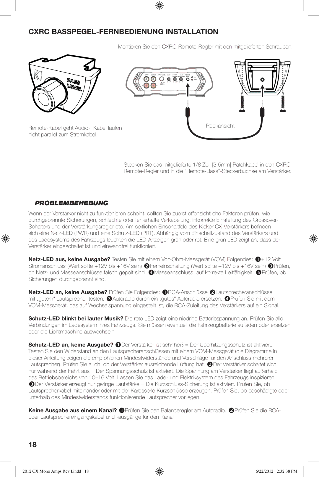 Kicker CX1200.1, CX600.1 owner manual Cxrc BASSPEGEL-FERNBEDIENUNG Installation, Problembehebung 