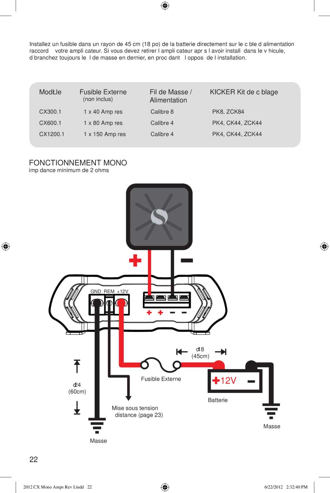 Kicker CX1200.1 Fonctionnement Mono, Modèle Fusible Externe Fil de Masse / Kicker Kit de câblage, Alimentation, Non inclus 