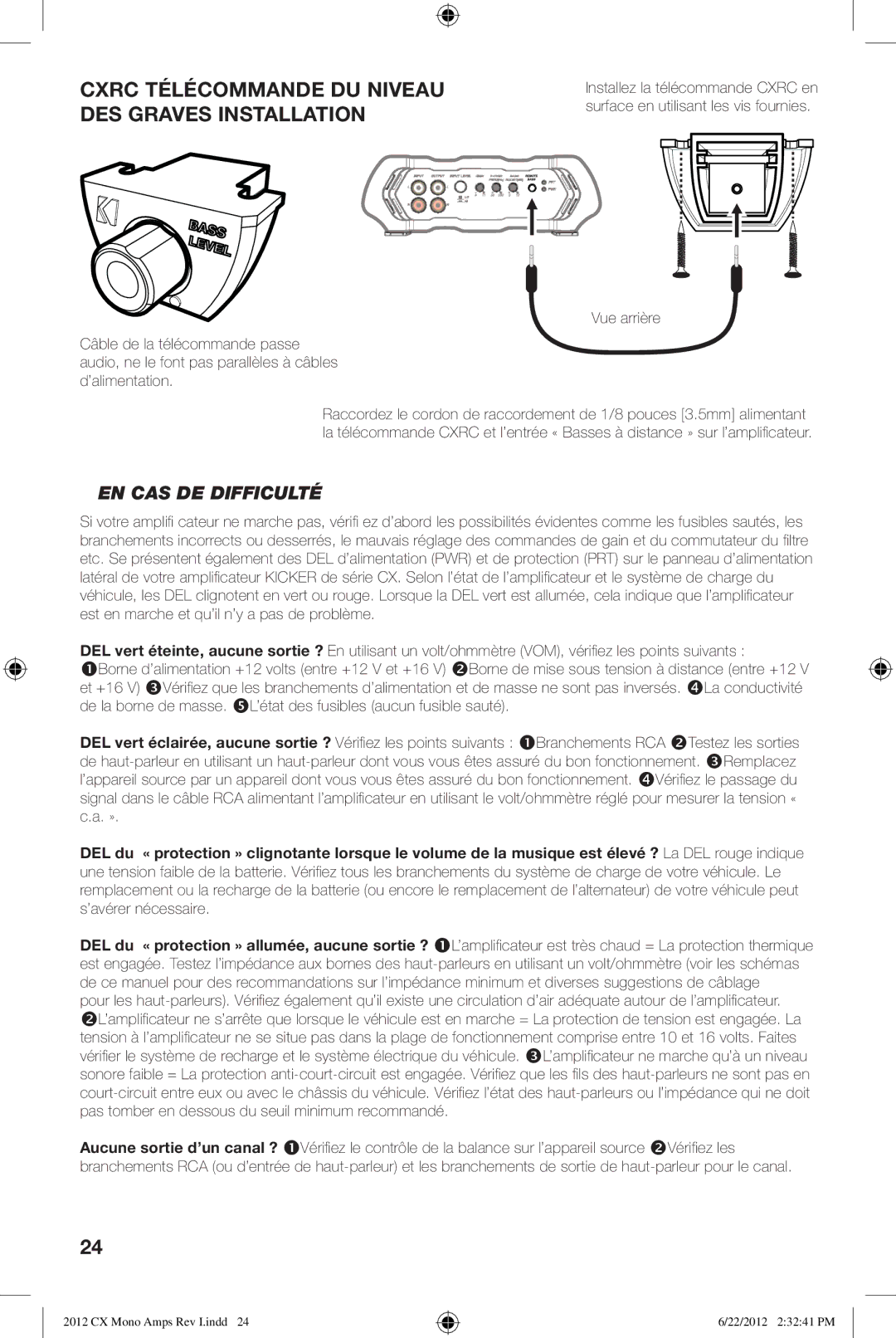 Kicker CX1200.1, CX600.1 owner manual Cxrc Télécommande DU Niveau DES Graves Installation, EN CAS DE Difficulté, Vue arrière 