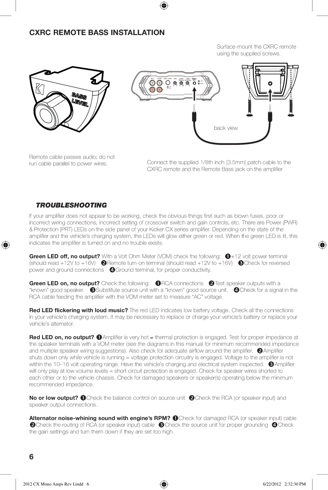 Kicker CX1200.1, CX600.1 owner manual Cxrc Remote Bass Installation, Troubleshooting, Back view 