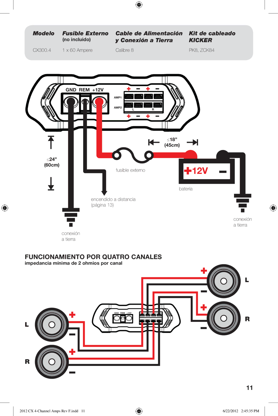 Kicker CX300.4 owner manual Funcionamiento POR Quatro Canales, Kicker 