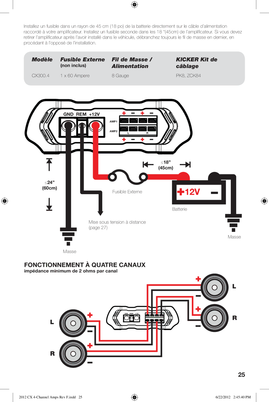 Kicker CX300.4 owner manual Fonctionnement À Quatre Canaux, Alimentation Câblage 