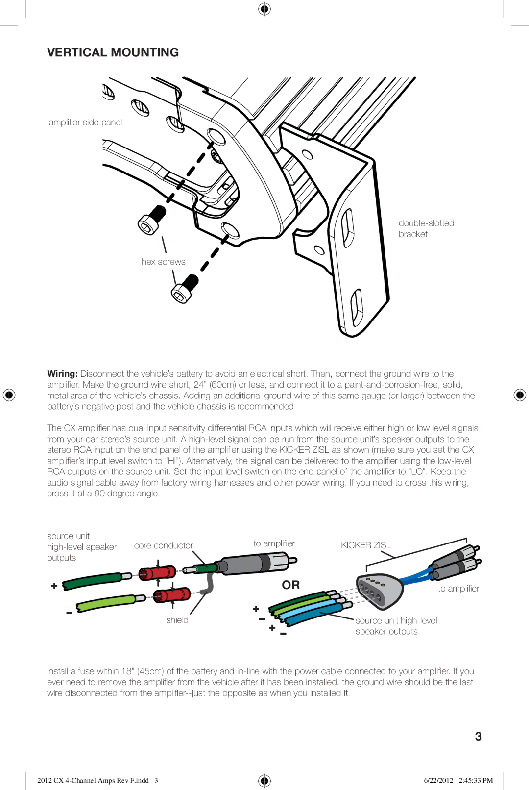 Kicker CX300.4 owner manual Vertical Mounting, Ampliﬁ er side panel Double-slotted bracket Hex screws 