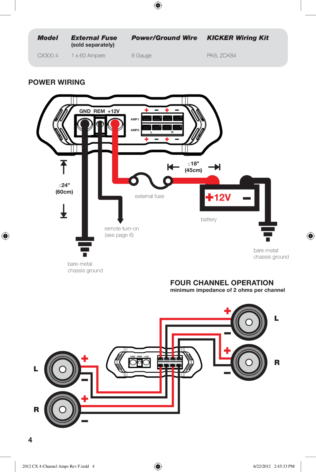 Kicker CX300.4 owner manual Power Wiring, Four Channel Operation 