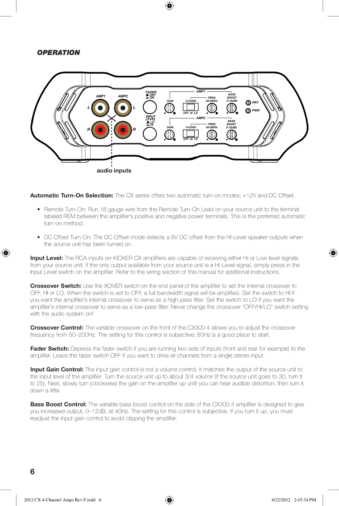 Kicker CX300.4 owner manual Operation, Audio inputs 