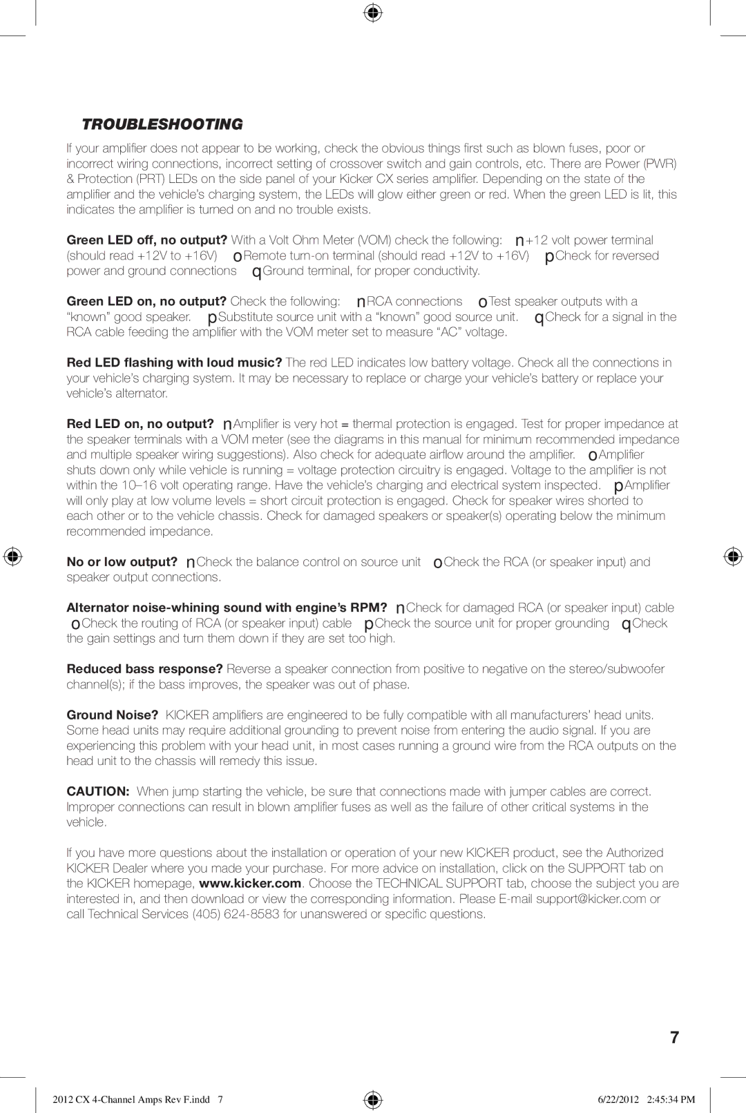 Kicker CX300.4 owner manual Troubleshooting 