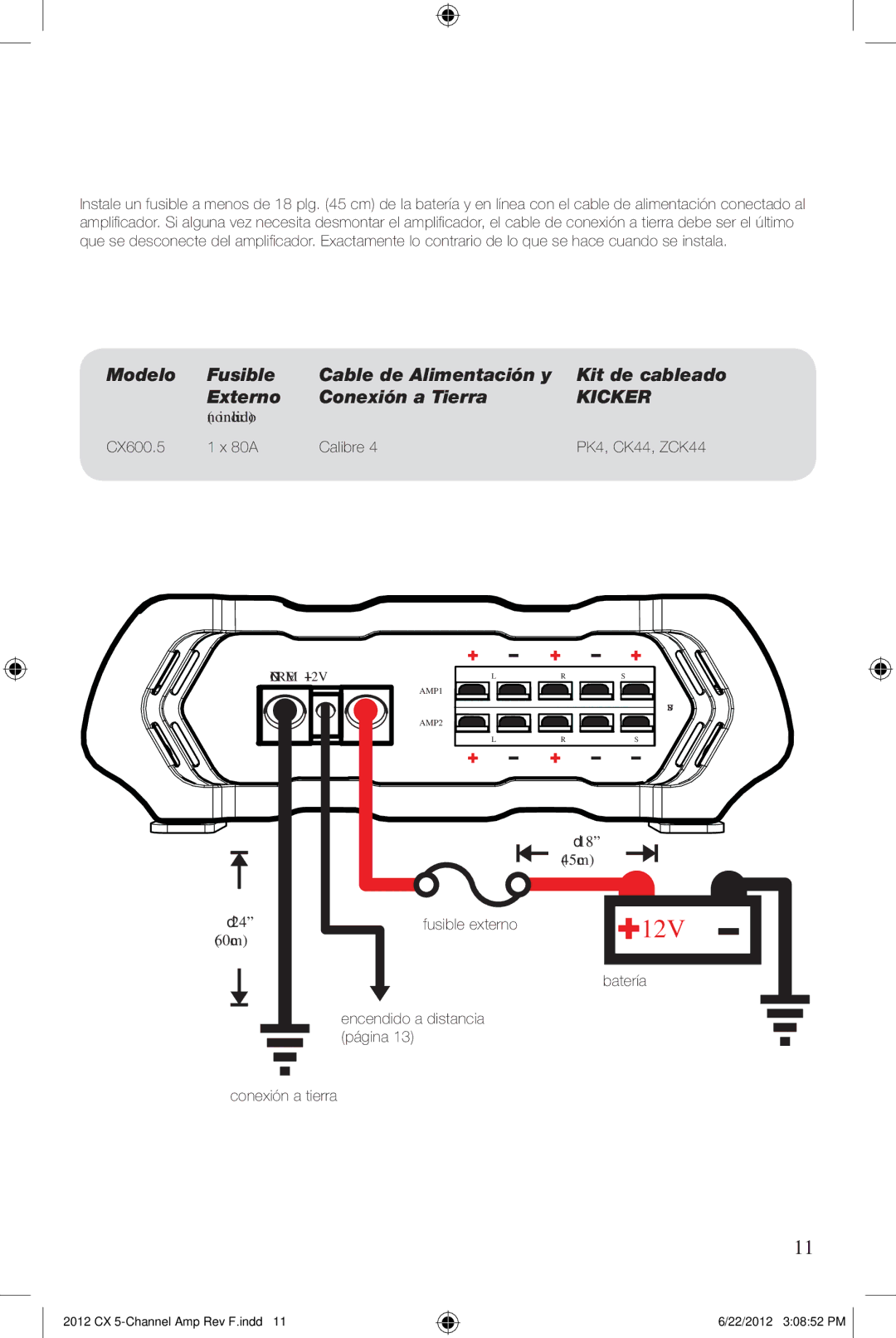 Kicker cx600.5 owner manual Kicker, ≤24 Fusible externo, Encendido a distancia, Conexión a tierra 