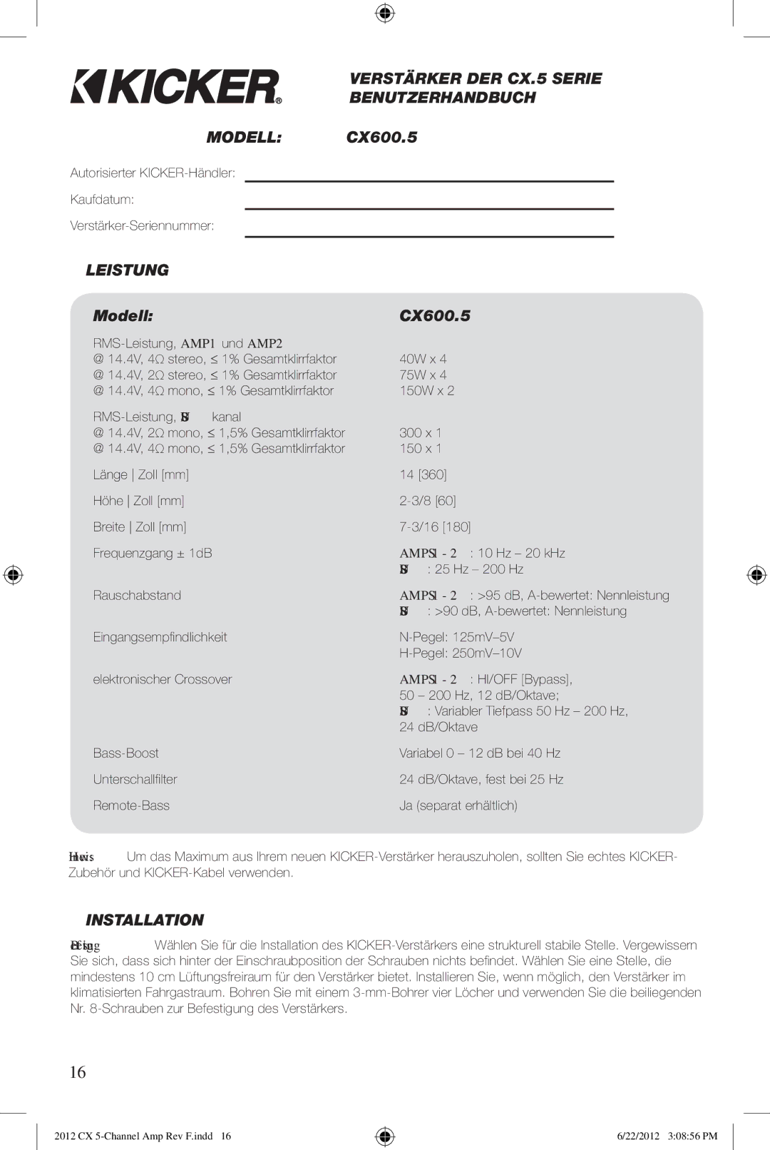 Kicker cx600.5 owner manual Verstärker DER CX.5 Serie Benutzerhandbuch Modell CX600.5, Leistung 