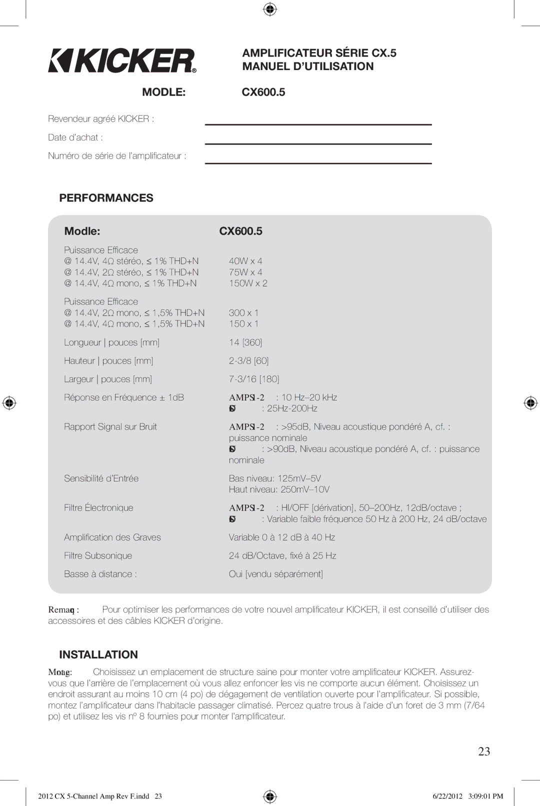 Kicker cx600.5 owner manual Amplificateur Série CX.5 Manuel D’UTILISATION, Performances, Modèle CX600.5 