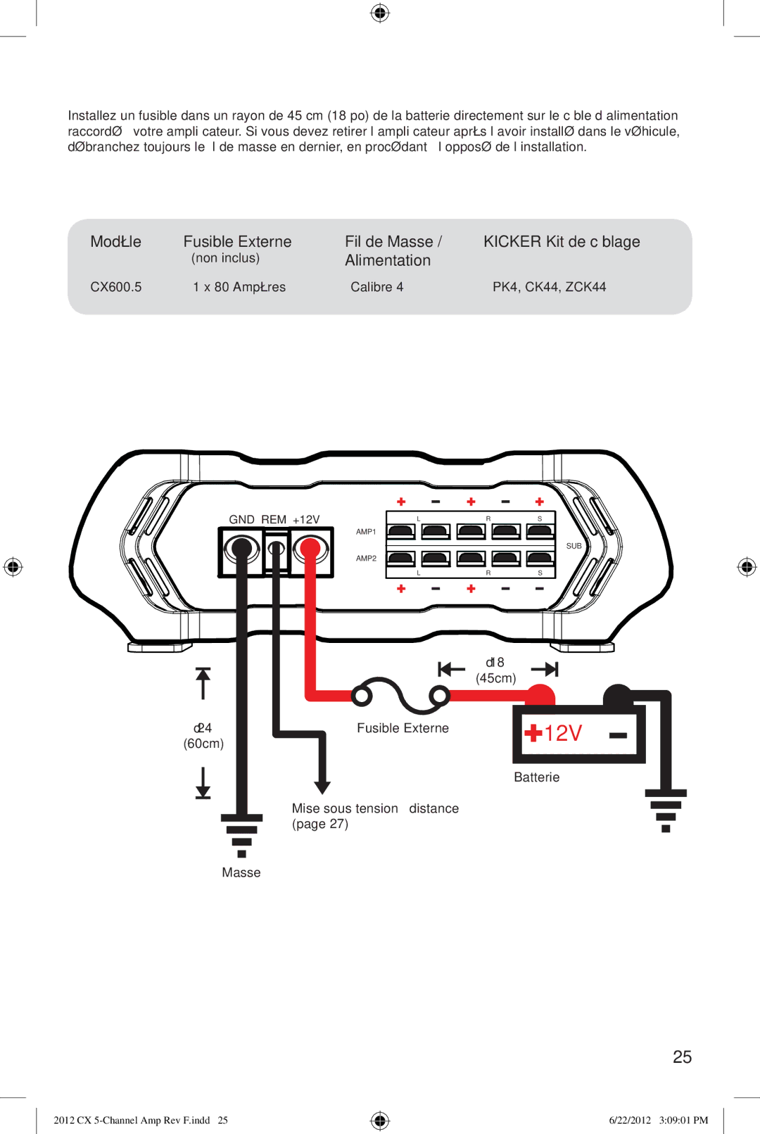 Kicker cx600.5 owner manual Modèle Fusible Externe Fil de Masse / Kicker Kit de câblage, Alimentation, Non inclus, 45cm 