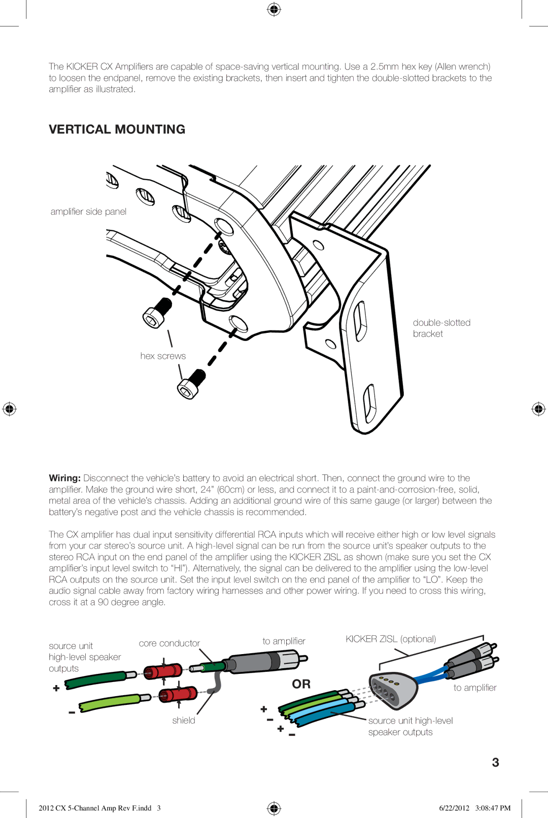 Kicker cx600.5 owner manual Vertical Mounting, Ampliﬁ er side panel Double-slotted bracket Hex screws 