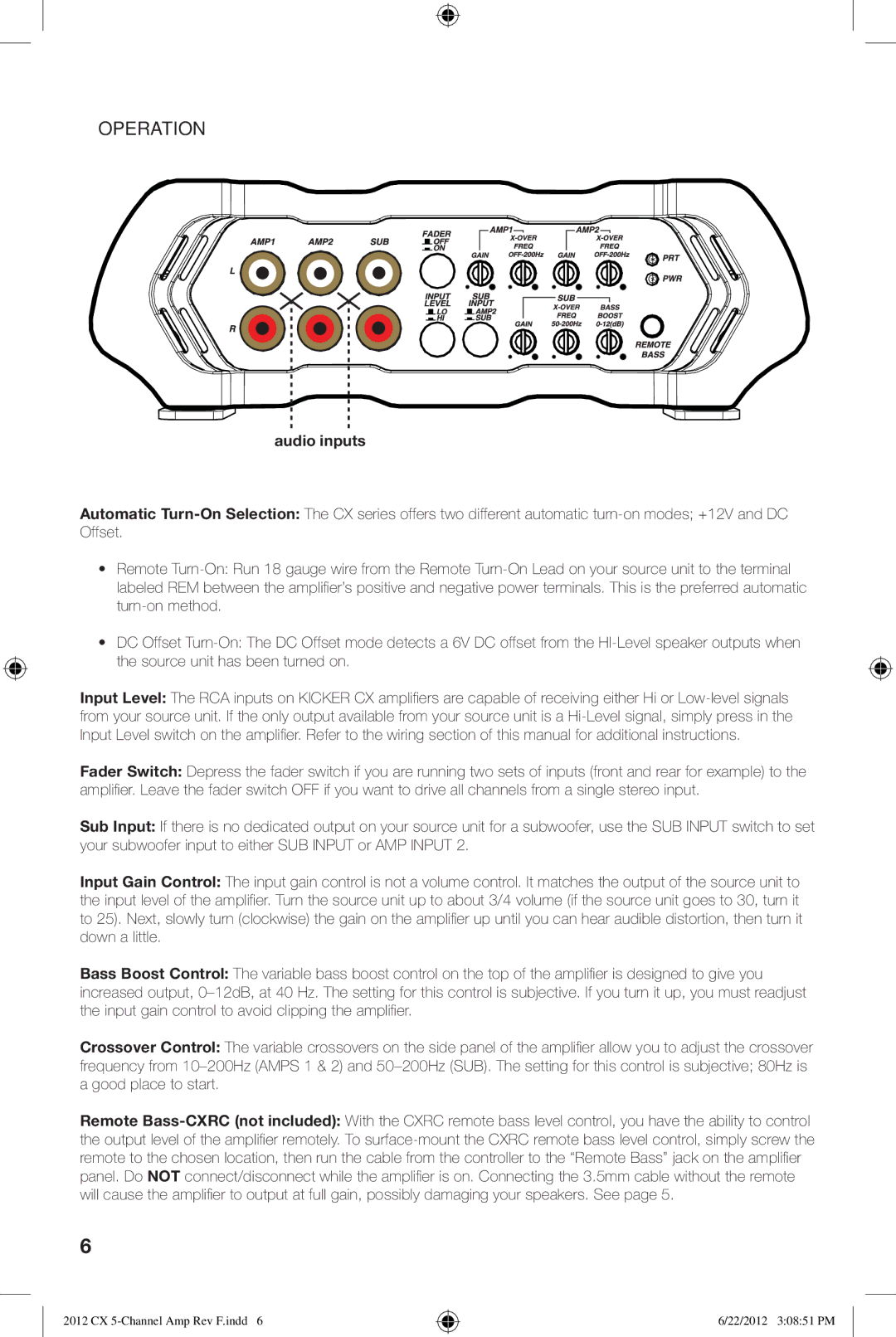 Kicker cx600.5 owner manual Operation, Audio inputs 