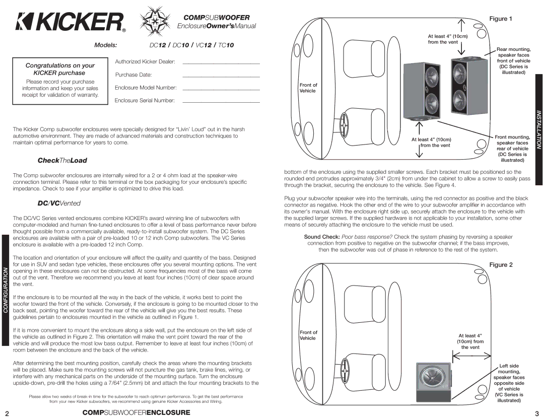 Kicker manual EnclosureOwner’sManual, CheckTheLoad, DC/VCVented, ModelsDC12 / DC10 / VC12 / TC10 