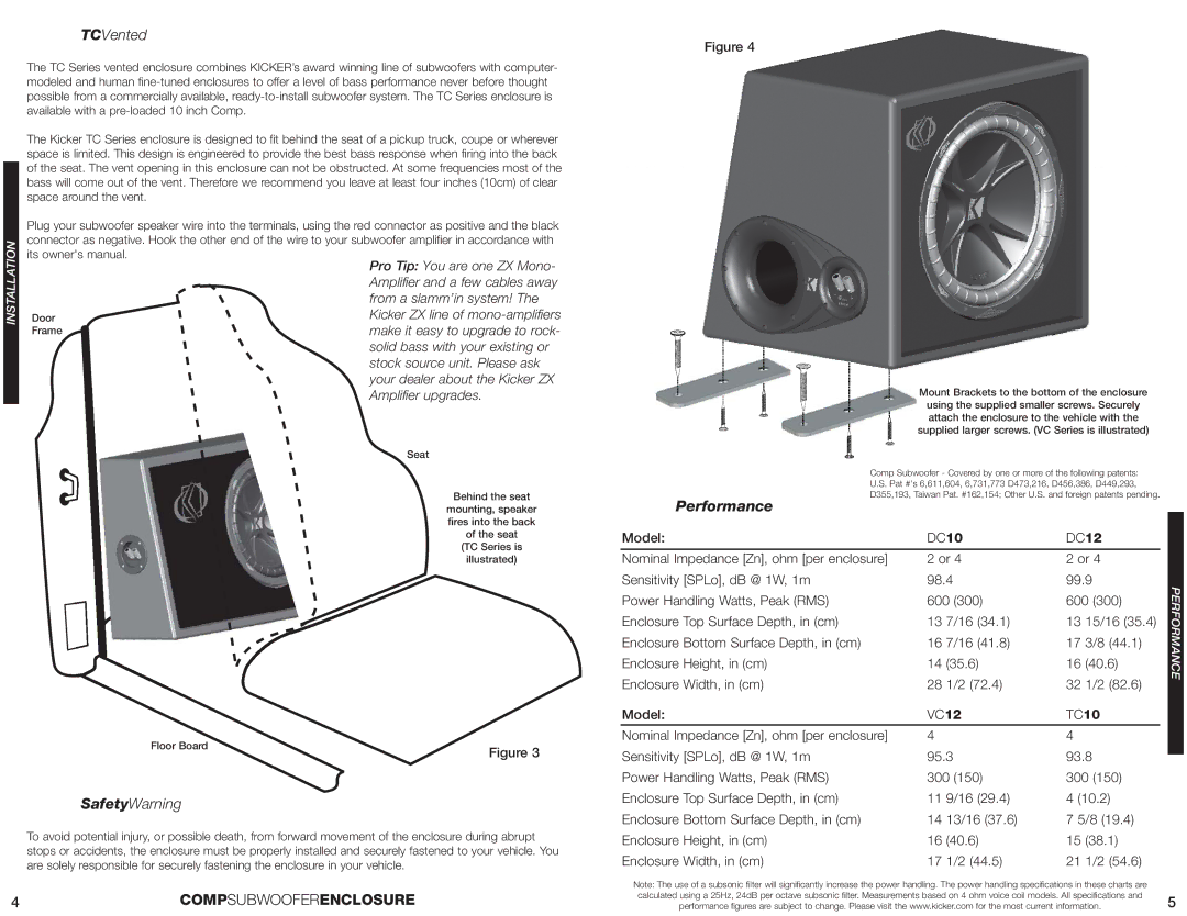 Kicker DC12 manual TCVented, Performance, SafetyWarning 