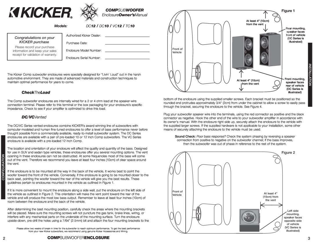 Kicker DC12 manual EnclosureOwner’sManual, CheckTheLoad, DC/VCVented, Compsubwooferenclosure 