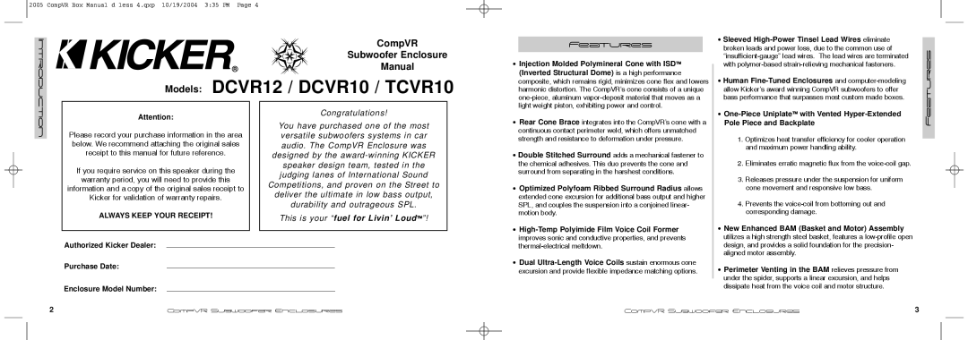 Kicker TCVR10, DCVR12, DCVR10 manual Features 