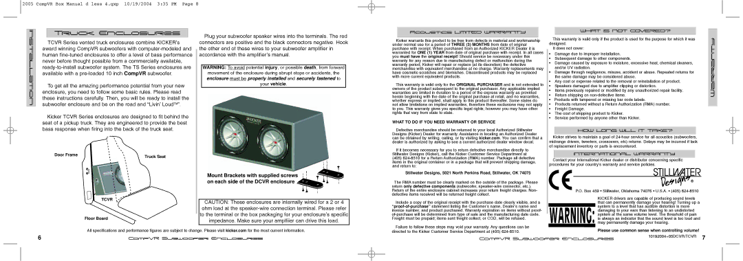 Kicker DCVR10, DCVR12, TCVR10 manual Truck Enclosures, Warranty 