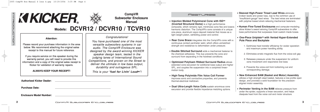 Kicker manual Features, Models DCVR12 / DCVR10 / TCVR10, CompVR, versatile subwoofers systems in car, Introduction 