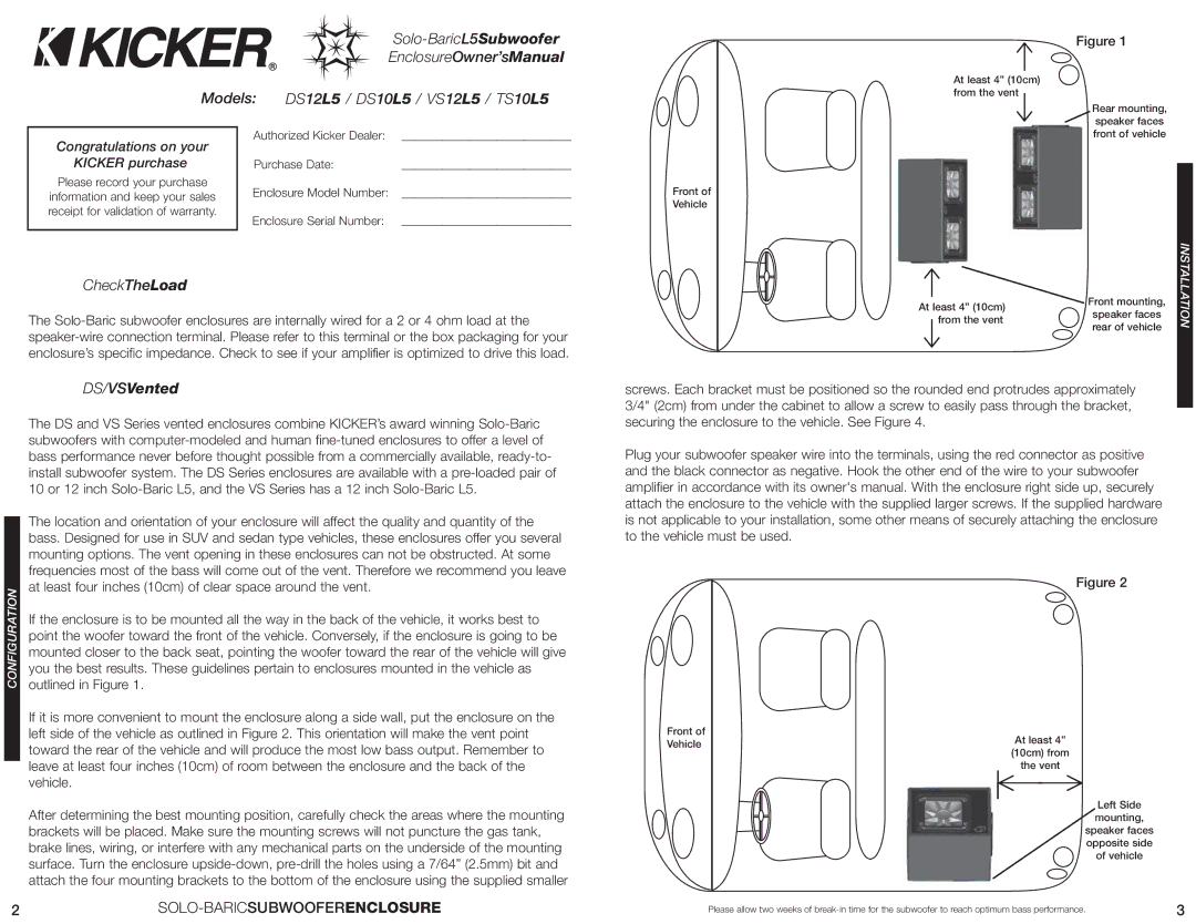 Kicker DS12L5 manual DS/VSVented, Solo-Baricsubwooferenclosure, Congratulations on your Kicker purchase 