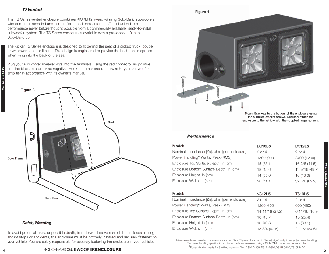 Kicker DS12L5 manual TSVented, SafetyWarning, SOLO-BARICSUBWOOFER Enclosure, Performance 